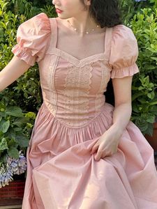 الصيف الوردي فرنسا خمر درس مربعة طوق المساء حفلة ميدي فستان أنثى الدانتيل نفخة أنيقة حلوة الجنية 230808