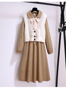 Vestido de duas peças outono inverno francês vintage conjuntos outfit coreano doce malha vestbow colarinho manga longa vestidos de cintura alta 230830