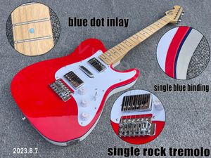 Chitarra elettrica con parte superiore rossa solida e retro bianco, rilegatura blu singola e inserto con punti blu con logo blu