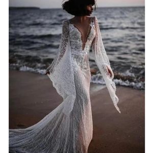 Dantel illüzyon Berta Denizkızı Gelinlik Derin V Boyun Uzun Kollu Gelin Elbiseler Seksi Vintage Gelinlik 2024