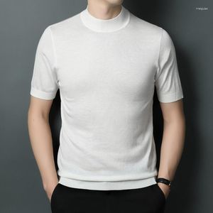 メンズTシャツ夏のニットファブリックTシャツビジネスファッションクラシックタートルネックショートリーブプルオーバー男性ブランドストリートウェア