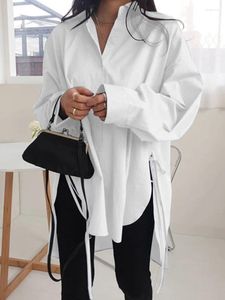Women's Blouses Fashion Loose Casual Shirts Asymmetrical Blouse 2023 Simple Lace Up Blusas Female Button Lapel Long White Shirt Tunic