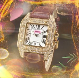 Moda Roman Number Square oryginalny zegarek skórzany mężczyźni klasyczny popularny styl dzień roboczy data pełna diamenty pierścionek kwarcowy bateria super na rękopis Prezenty