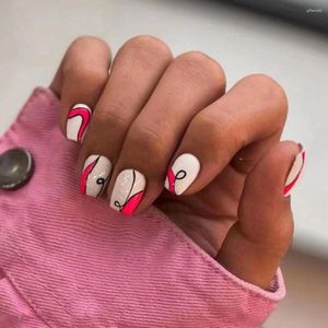 False Nails 24Pcs Fake Nail With Abstract Art Lines Designs Detachable French Tips Press On Women Girls Manicure