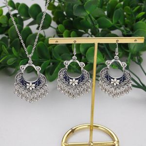 Necklace Earrings Set Boho Silver Color Drop Women 2023 Orecchini Jewelry Vintage Blue Flower Heart Shape Chain