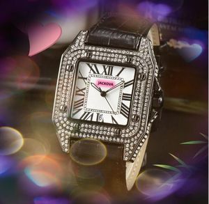 ファッションローマナンバースクエアクォーツ本革の時計女性メンクラシックポピュラースタイルビジネスデイデートフルダイヤモンドリングケース腕時計本革ストラップ