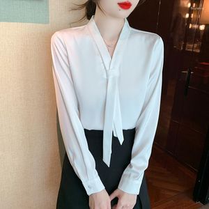 Frauen Blusen Satin 2023 OL Herbst Koreanische Mode Weißes Hemd Krawatte Basis Casual Frauen Tops V-ausschnitt Langarm Elegante