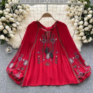 Women's Blouses Bohemian Blouse Top For Women O-neck Lantern Sleeve Floral Embroidery Blusas Mujer Summer Lace-up Camisas A-line Drop