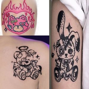 Andra tatueringsmaterial 32pcset Dark Cartoon Bear Rabbit Tattoo Stickers Waterproof Black White Watercolor Art Fake Tattoo Arm Temporär tatuering 230830