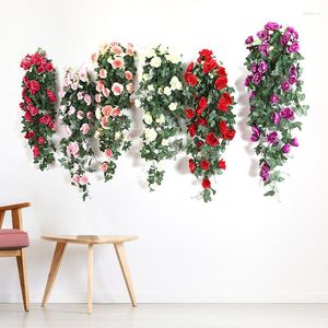Flores decorativas flor artificial rattan falso planta videira decoração de parede pendurado rosas acessórios de decoração para casa guirlanda de casamento