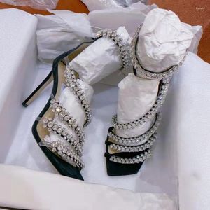 Sandals UVRCOS Rhinestones High Heel Shoes Summer Open Toe Cutouts Sexy Silver Chains Stiletto Heels Black