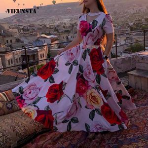 Abiti casual di base Primavera Fiore di rosa Stampa 3D Ciondolo grande Cuciture con perline Abito a maniche corte Abito alla moda ed elegante con scollo a V Estate 230831