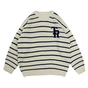 Men's Sweaters Harajuku Letter Embroidery Striped Round Neck Knitted Sweater Pullover Korean High Street Casual Oversize Couple 230830