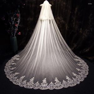 Bridal Veils 3 Meters Long Full Lace Edge Sequins Wedding Veil Two Layers Champagne Tulle With Comb Veu De Noiva Longo Vail
