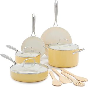 Artisan Healthy Cooking Non-Stick Ceramic Dishwasher and Oven Safe 12-Piece Pots and Pans Cookware Set, Yellow