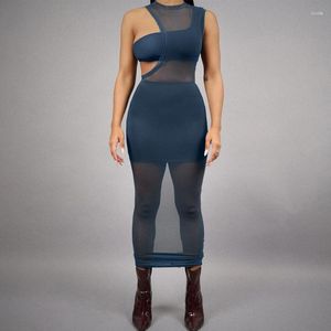 Lässige Kleider Blau Sexy Sheer Mesh ärmelloses dreiteiliges Set Kleid für Frauen Camisole Crop Top Rock Nachtclub Party Outfits Anzug 2