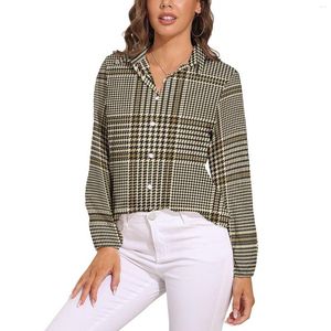 Blusas femininas houndstooth blusa vintage xadrez impressão elegante gráfico feminino manga longa estilo rua camisas verão oversized topo