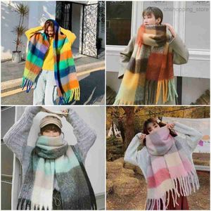 Scarves New Ac Scarf Rainbow Plaid Shawl Long Autumn and Winter Mohair