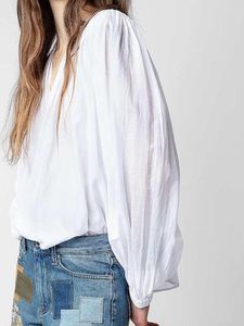 Kvinnors blusar 2023 Spring and Summer Loose Wrap-stil bindning V-ringning vit topp mikrotransparent kvinnor skjorta