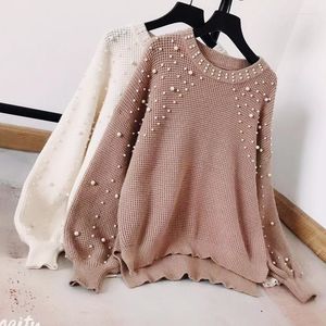 Maglioni da donna Retro perle fatte a mano maglione lavorato a maglia sciolto con perline pullover casual diviso manica lanterna maglioni da donna inverno