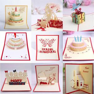 10 stilar blandade 3D Happy Birthday Cake Pop up Blessing Greating Cards Handgjorda Creative Festive Party Supplies340L