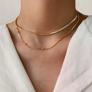 Ins nova moda sobreposta colar de aço inoxidável colar 14k banhado a ouro redondo grânulo corrente jóias cobra corrente colar para mulher