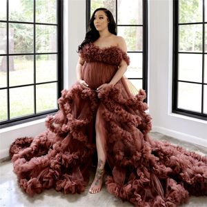 Plus Size Ruffle Tulle Maternity Dress Long Sexy Evening Dresses for Pregnant Women Baby Shower Front Split Photo Shoot Robes