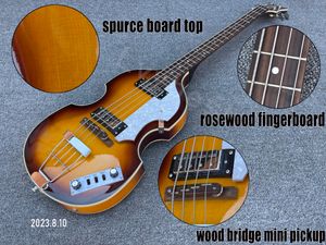 Stock!!! Elektrisk gitarr ihålig kroppsviolin form gitarr tobak burst mini pickups hh and wood bridge kort svans vit pärla sköldpadda pickguard