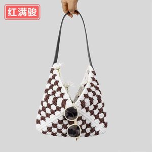 Bolsa de crochê de lã tecida artesanalmente, fio de algodão feminino, bolsa de ombro com grade de avó, bolsa criativa DIY, produto acabado 230831