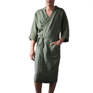 Mäns Sleepwear Vintage Spring Summer Men Robes Par Nightrown Bathrobe Cotton and Linen Thin Cardigan Thr-quarter Slve Robe Pyjama Pijama