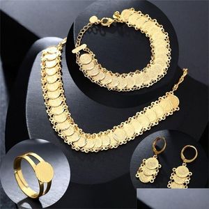 Schmuckeinstellungen Neue klassische arabische Sets Goldfarbe Halskette Armband Ohrringe Ring Naher Osten für Frauen Münze Bijoux 201 Drop Delive Dh2Sj