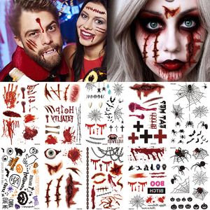 Andra tatueringsmaterial Halloween vattentät tillfällig tatuering klistermärken Sexig blodig makeup zombie ärr tatuering dekoration sår skräck blod klistermärke 230830