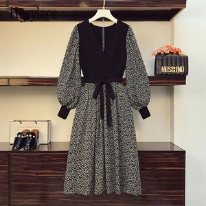Casual Dresses Autumn Dress Women Floral Print Long Sleeve Patchwork Knitted French Vintage High Waist A-line Vestidos