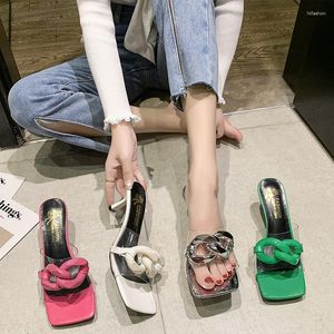 Sandals 2023 Women High-heeled Shoes Summer Chain Buckle Open-toed Square Head Sexy Girl Slippers European Size 34-39