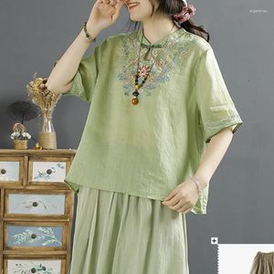 Camicette da donna Camicie ricamate Stile cinese Manica corta allentata Estate O-Collo Abbigliamento donna Top in cotone e lino YCMYUNYAN