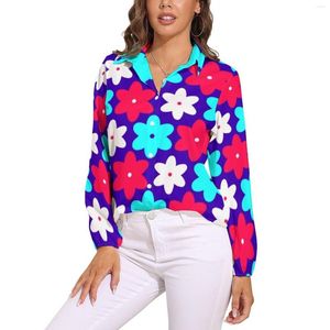 Blusas femininas primavera flores brilhantes blusa manga longa retro floral impressão estética moda oversized camisa design roupas presente ideia