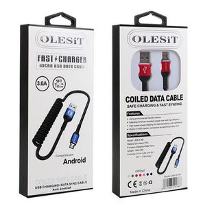 Olesit Retractable Spring 3A USB To Type C Data Cable 1.5M 5FT Fast Charging USB-C 3.0 Car Charger Adapter PD Lines For Samsung Apple Iphone 15 Pro Max with Retail Box