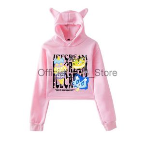 Itsfunneh Krew District inte så söt kattöröre hoodie kvinnor långärmad beskuren tröjor kvinnliga casual streetwear grödor x0831