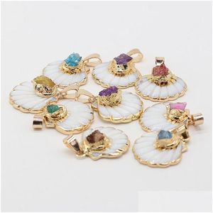 Charms Natural Shell Semi-Precious Stone Fan-Shaped Pingente com jóias de borda de ouro para brincos diy colares pingentes e gota entregar dhclz