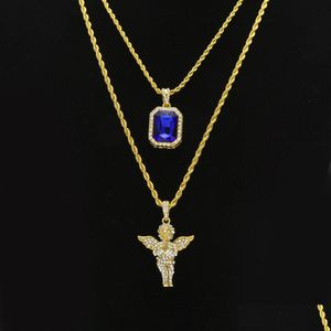 Anhänger Halsketten Herren Hip Hop Schmuck Sets Mini Quadrat Rubin Saphir FL Kristall Diamant Engelsflügel Goldkette Für Männliche Hiphop Drop D Dhbc7