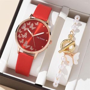 腕時計ホワイトバタフライレディースウォッチブレスレットファッションカジュアルレザーベルト女性のためのシンプルな女性クォーツセットギフト