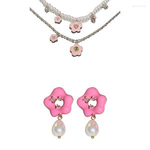 Halskette Ohrringe Set Perle Blume Doppelschicht Exquisiter Ohrring Zartes Geschenk