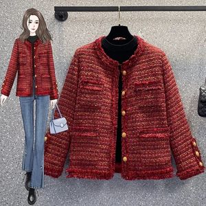 Kvinnors ull blandar röd vintage tweed jacka kvinnor mode o-hals singel breasted tjocka korta jackor chic lady liten doftstil kappa topp 230830