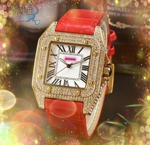 Square Roman Dial Tank Series Watch Woman 36mm Men 43mm äkta ko läder kvartsrörelse full diamanter ring case clock affär av high-end klockor montre de luxe