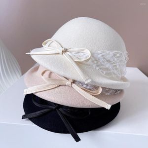 Berets Australian Wool Lace Top Chapéu Francês Vintage Boina Moda Elegante Silk Bow Feltro Acessórios de Festa Feminina