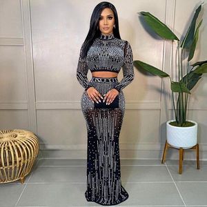 Work Dresses 2023 Gem Long-sleeved Two-piece Women's Skirt Suit Mesh Top Sexy Club Party Elegant