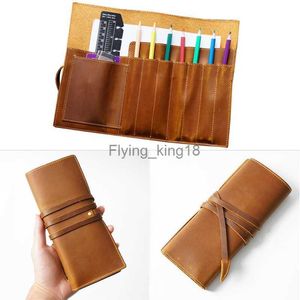 Pencil Bags 100% Genuine Leather Pen Bag Pouch Handmade Vintage Retro Style Pencilcase Portable Cowhide Stationary Holder Pencil Case Gift HKD230831