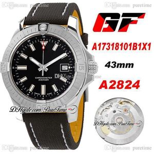 GF A17318101B1X1 A2824 Automatisk herrklocka 43mm Black Dial Stick Markers Leather Nylon med White Line Super Edition ETA Watches 257W