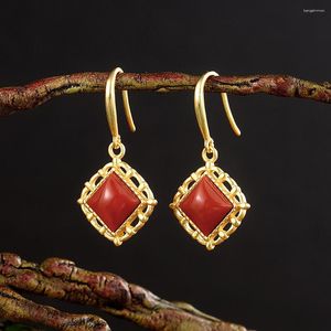 Dangle Küpeler Doğal Kırmızı Agate Vintage Moda Geometrisi İçi Boş Kadın Lüks Takı Hediyeleri