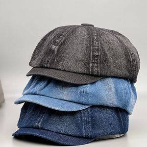 Berets Idopy Washed Denim sboy Cap 8 Panel Baker Boy Leisure Work Travel Pography Flat Hat Cabbie Driving Jean Painter Beret 230830